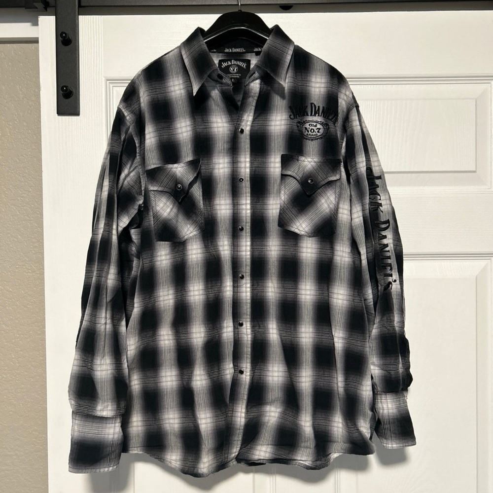 Jack Daniels Western Shirt Mens Large Black Plaid Pearl Snap Embroidered Logo